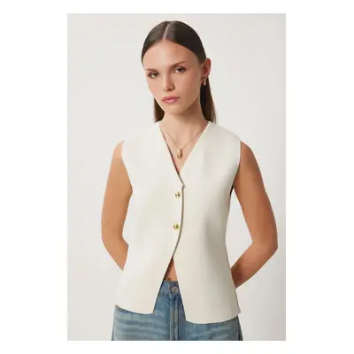 Happiness İstanbul Women's Ecru V Neck Stylish Buttoned Knit Vest