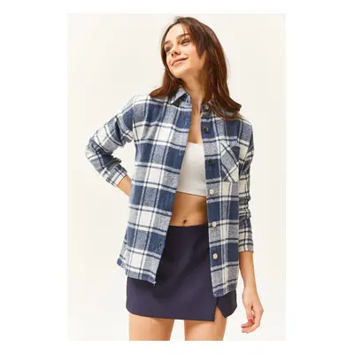 Olalook Women's Ecru Indigo Single Pocket Thick Plaid Lumberjack Shirt