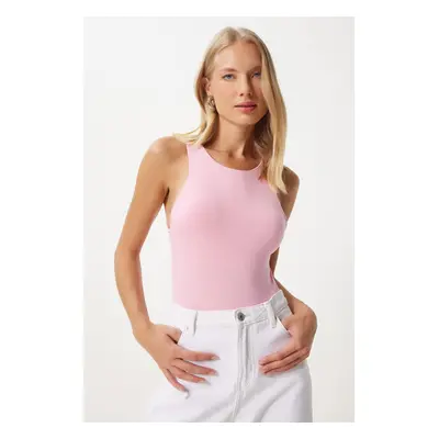 Happiness İstanbul Women's Pink Crew Neck Snap Woven Bodysuit