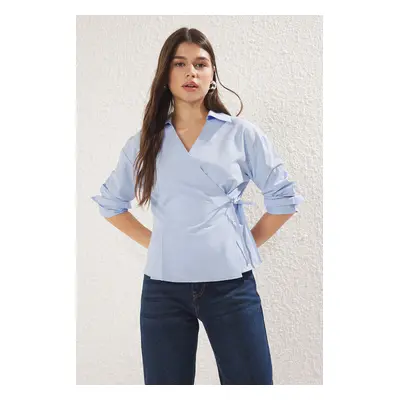 Trendyol Blue Double Breasted Closure with Tie Detail Regular Regular Fit Shirt