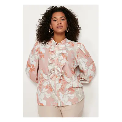 Trendyol Curve Orange Floral Ruffled Chiffon Woven Shirt