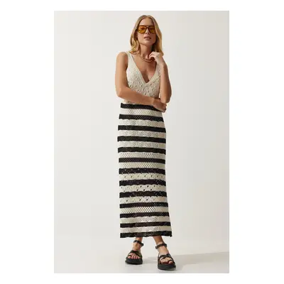 Happiness İstanbul Women's Cream Black Strappy Striped Summer Knitwear Dress