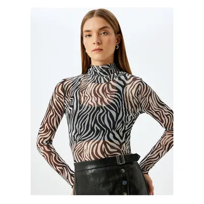 Koton Slim Fit Long Sleeve Stand Collar Zebra Patterned Tulle Transparent T-Shirt