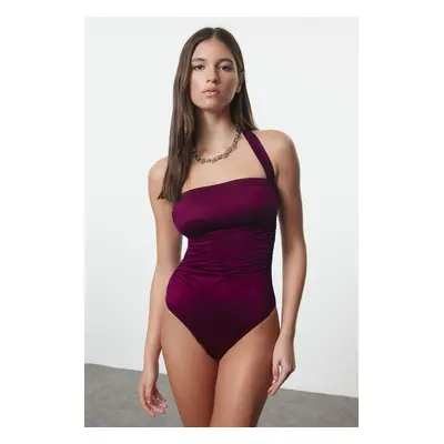 Trendyol Plum Strapless Draped Swimsuit