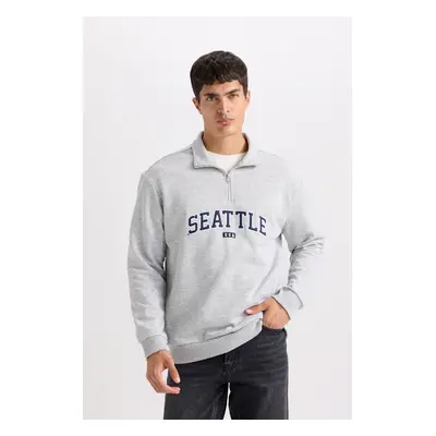 DEFACTO Relax Fit Zippered Stand Collar Printed Thick Sweatshirt