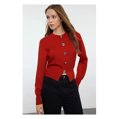 Trendyol Dark Red Premium Yarn/Special Yarn Crop Rose Button Detail Knitted Cardigan