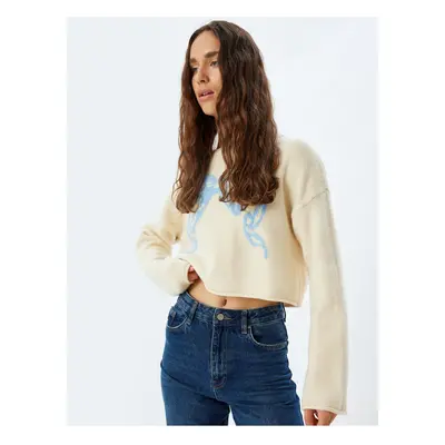 Koton Oversize Crop Sweater Bow Patterned Crew Neck Long Sleeve