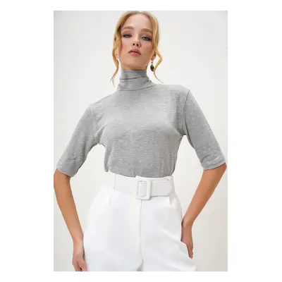 Trend Alaçatı Stili Women's Gray Turtleneck Half Sleeve Knitwear Blouse