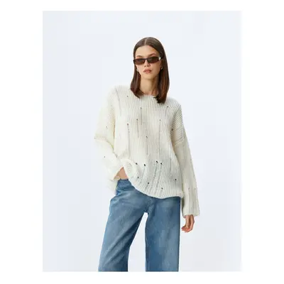 Koton Crew Neck Frayed Long Sleeve Relaxed Fit Knitwear Sweater