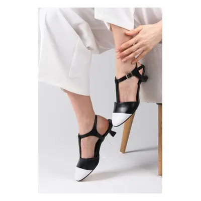 Mio Gusto Emilia Black White Women's Short Heeled Shoes with Open Back.