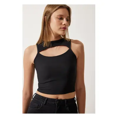 Happiness İstanbul Women's Black Cut Out Detail Ribbed Crop Knitted Blouse