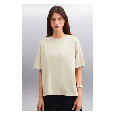 GRIMELANGE Jemmy Women's Basic Jersey Woven Relaxed 100% Organic Cotton Beige T-shirt