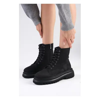 Mio Gusto Alex Black Color Suede Women's Ankle Boots With Lace And Zipper And Thick Sole.