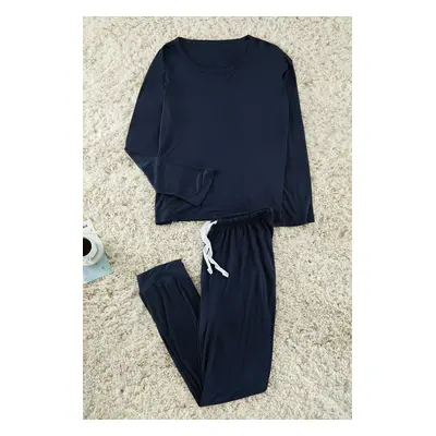 Trendyol Curve Navy Blue Crew Neck Premium Bamboo Knitted Pajamas Set