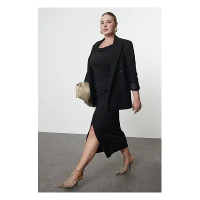 Trendyol Curve Black Crepe Slit Detailed Maxi High Waist Elastic Knitted Plus Size Skirt