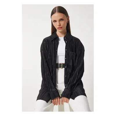 Happiness İstanbul Women's Black Pleated Oversize Long Shirt