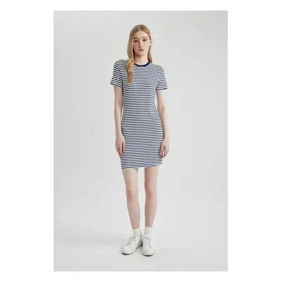 DEFACTO Bodycon Bodycon Crew Neck Striped Ribbed Camisole Short Sleeve Mini Dress