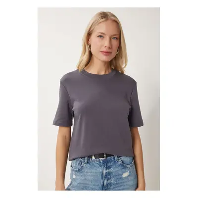 Happiness İstanbul Women's Smoked Cotton Basic Knitted T-Shirt