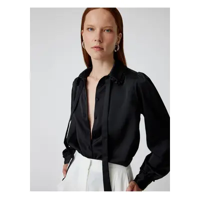 Koton Satin Shirt Long Sleeve Ruffle Detail Scarf Collar Detail