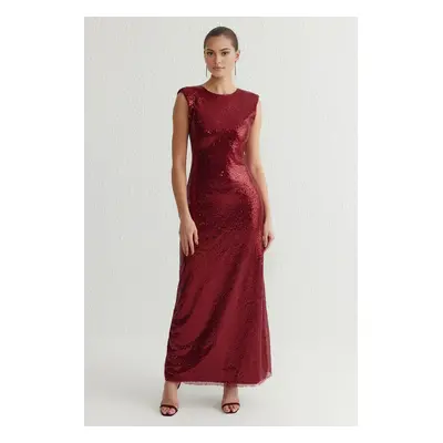 Trendyol Burgundy Sequin Knitted Stylish Evening Dress