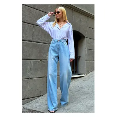 Trend Alaçatı Stili Women's Blue High Waist Faded Effect Wide Leg Flowy Jeans