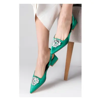 Mio Gusto Claudia Green Color Women's Short Heeled Shoes Open Back Satin Fabric With Crystal Sto