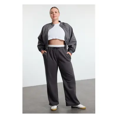 Trendyol Curve Anthracite Wide Leg Waist Detailed Knit Plus Size Sweatpants