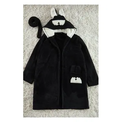 Trendyol Black Belted Animal Figured Pocket Hooded Wellsoft Winter Knitted Dressing Gown