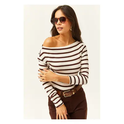 Olalook Women's Bitter Brown Striped Premium Soft Touch Boat Neck Flexible Blouse