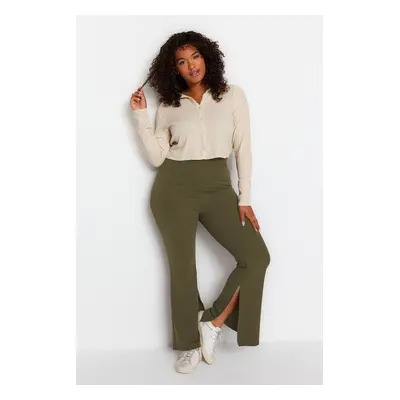 Trendyol Curve Oil Green Bell-bottomed Flare Knit Plus Size Trousers