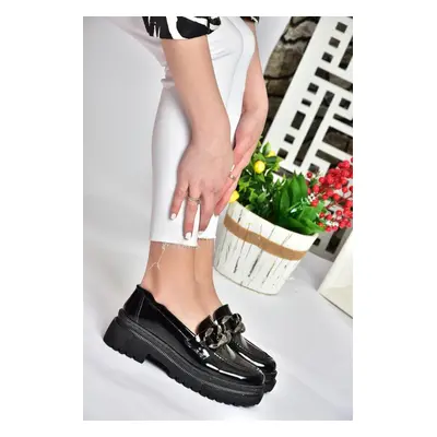 Fox Shoes P6520342008 Black Patent Leather Thick Soled Women's Casual Shoes