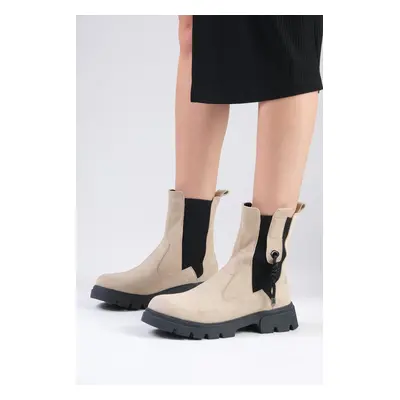 Mio Gusto Hera Beige Color Elastic Thick Soled Women's Boots