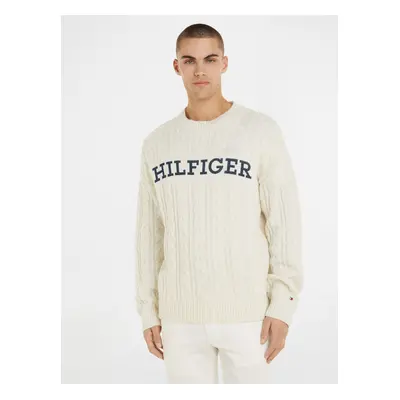 Krémový pánský vlněný svetr Tommy Hilfiger Cable Monotype Crew Neck - Pánské