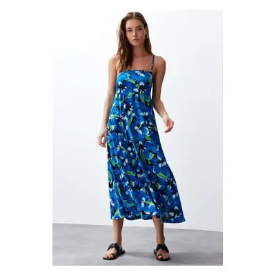 Trendyol Blue Printed Adjustable Straps Square Neck A-Line Crepe/Textured Knit Maxi Dress