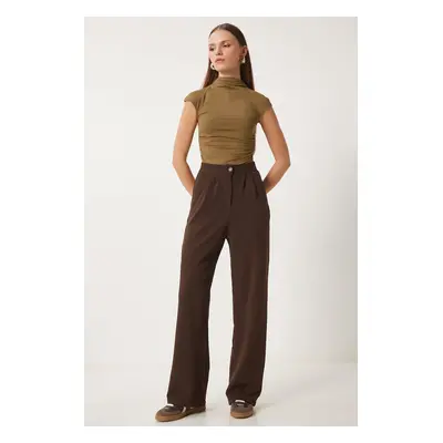 Happiness İstanbul Women's Brown Lycra Comfortable Palazzo Knitted Trousers