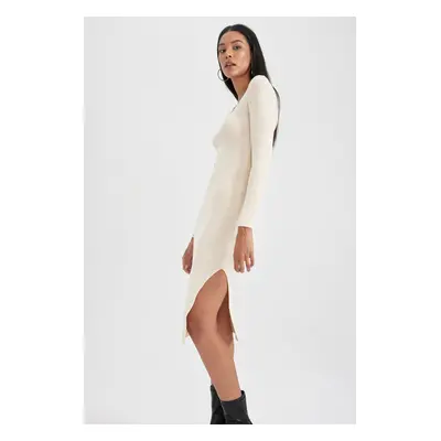 DEFACTO Fitted Square Neck Rib Long Sleeve Slit Midi Dress