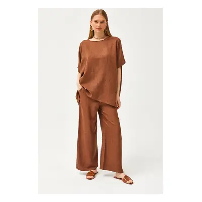 Olalook Women's Camel Top Loose Blouse Bottom Pocket Palazzo Linen Content Suit