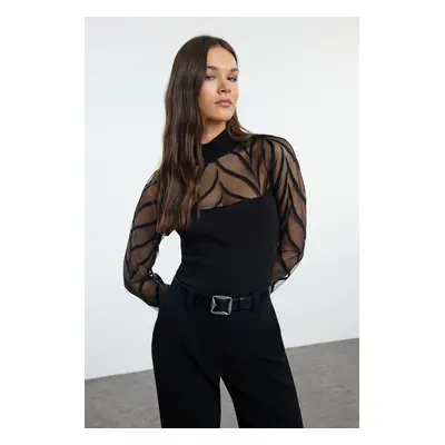 Trendyol Black Tulle Garni Detailed Fitted/Full Neck Ribbed Flexible Knitted Blouse