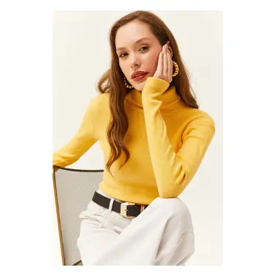 Olalook Women's Yellow Turtleneck Finger Detailed Lycra Blouse