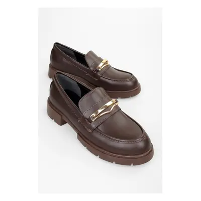 Shoeberry Women's Glide Brown Leather Buckle Detail Loafer