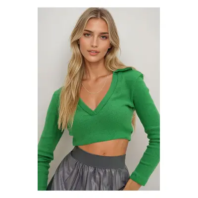 Trend Alaçatı Stili Women's Green Polo Neck Ribbed Soft Textured Crop Blouse