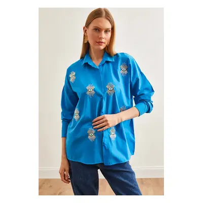 Olalook Women's Eye Sky Blue Sequin Detailed Woven Boyfriend Shirt