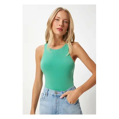 Happiness İstanbul Women's Green Crew Neck Snap Woven Bodysuit