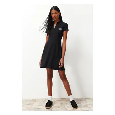 Trendyol Black Skater/Waist Embroidery Cotton Stretch Knitted Mini Dress