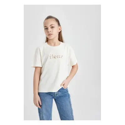 DEFACTO Girls Crew Neck Printed Short Sleeve T-Shirt