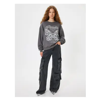 Koton Oversize Sweatshirt Butterfly Printed Crew Neck Ribbed