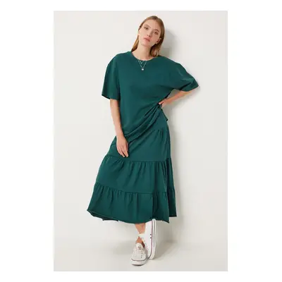 Happiness İstanbul Women's Emerald Green Oversize T-Shirt Flounce Knitted Skirt Set