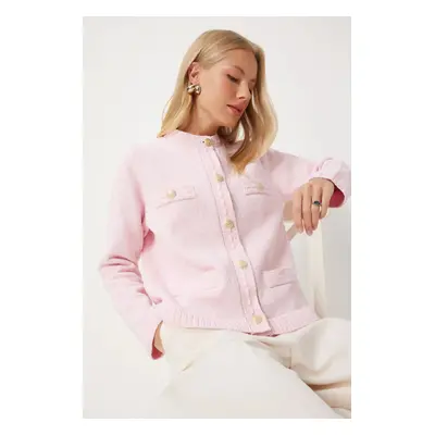 Happiness İstanbul Women's Pink Stylish Buttoned Textured Knitwear Cardigan