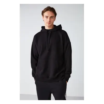 GRIMELANGE Steve Men's Soft Fabric Oversize Hooded Kangaroo Pocket Black Sweatshirt with Drawstr