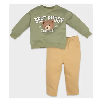 DEFACTO Baby Boy 2-Piece Set Crew Neck Teddy Bear Printed Sweatshirt Elastic Waist Trousers